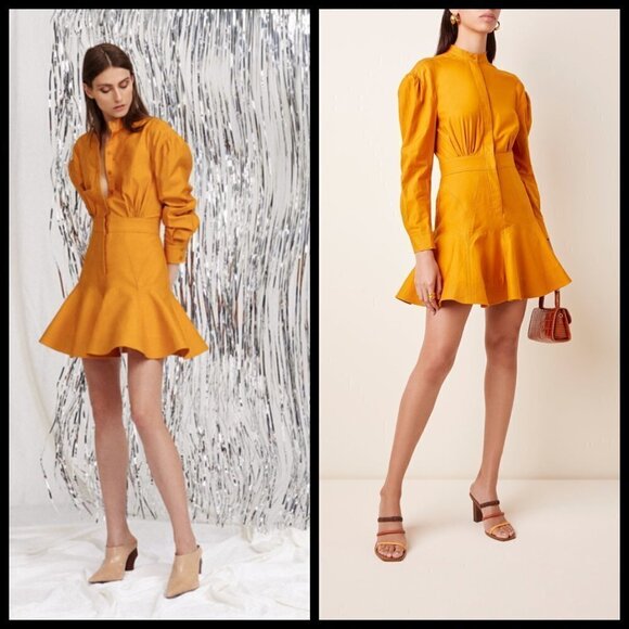 💕ACLER💕 Lewis Shirt Dress ~ 100% Colton Puff Sleeves Mini Dark Gold US 2 - Picture 1 of 14